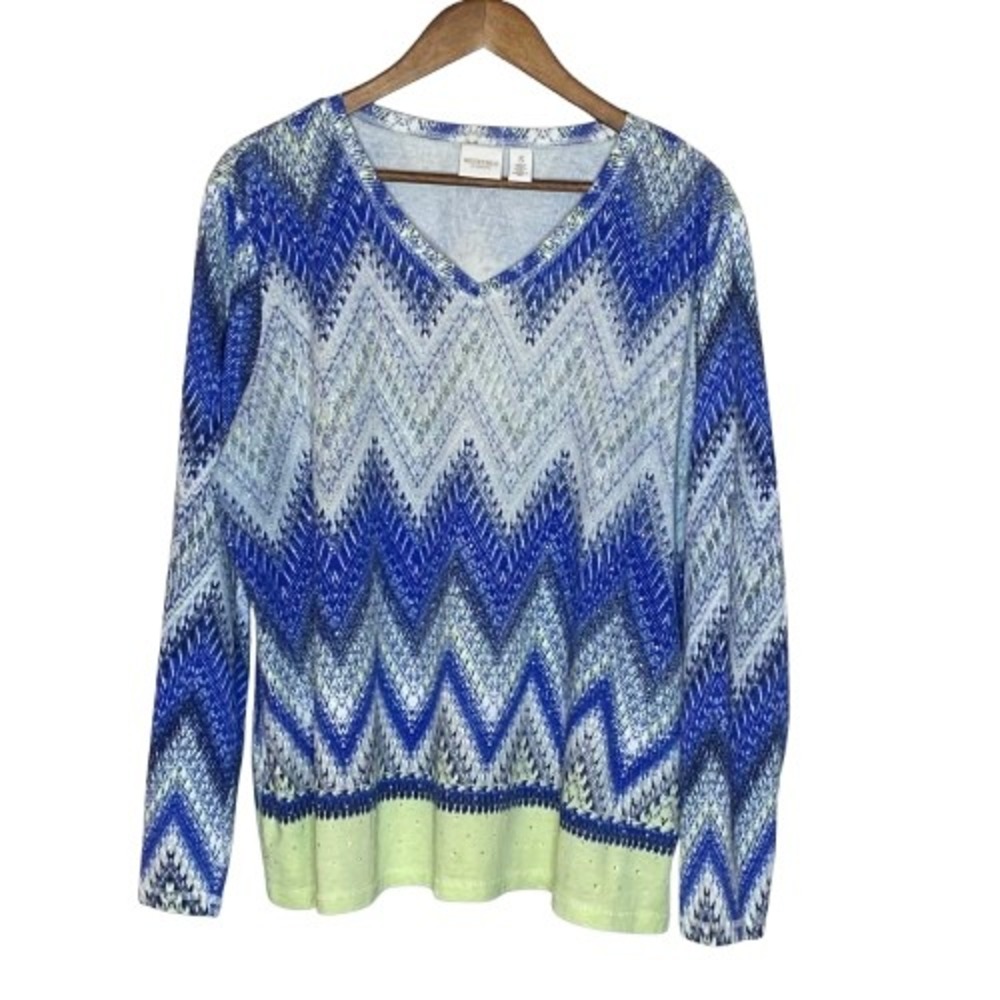 Chicos Weekends Womens Chevron Cotton Top Size 3 XL Embellished Coastal Resort